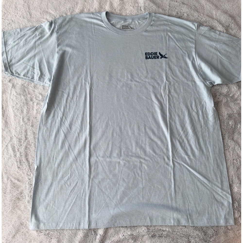 NWOT Eddie Bauer Mens XXL Light Blue Graphic Tee Happy Camper Dog Hiking Outdoor